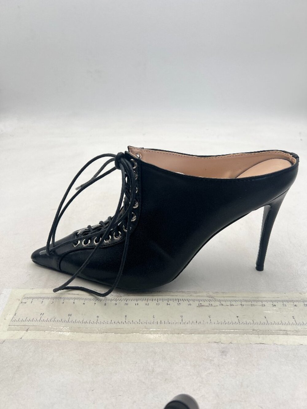 miss left Black Stiletto Heel Pointy Toe Mule Slip On Lace Up Slide Sandal - Picture 2 of 8